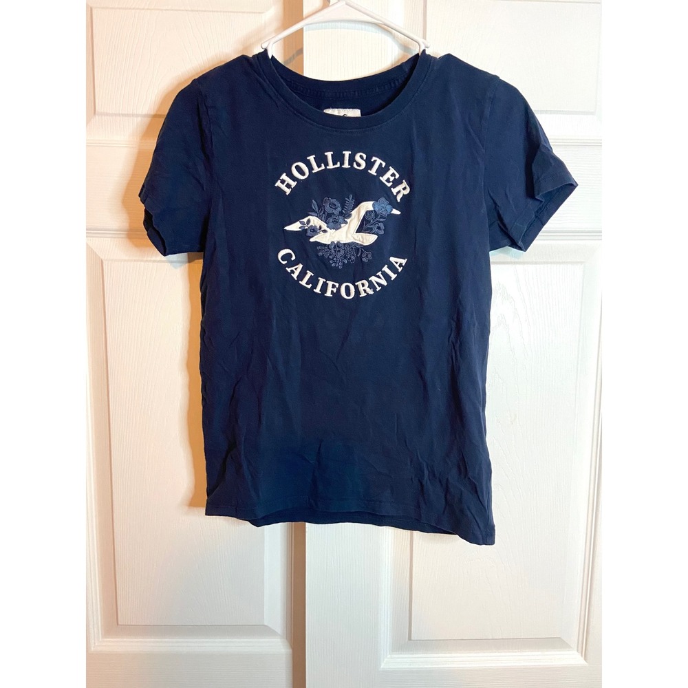 Y2K Hollister California Navy Blue Graphic Logo Floral T-Shirt Small